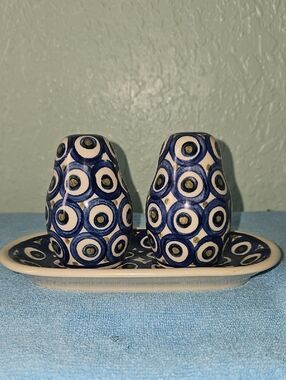 Polish Pottery Three Piece Salt & Pepper Set